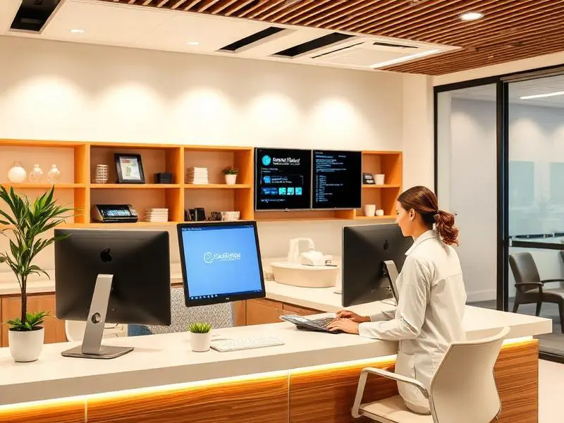 Modern office reception with employee